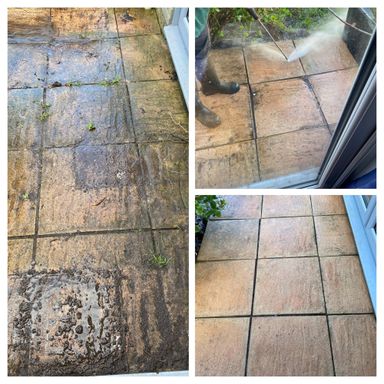 comparison of patio slabs before, during and after pressure washing