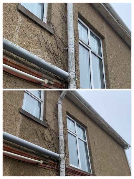 comparison of window, gutter and fascia clean on side of house