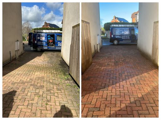 brick driveway before and after cleaning