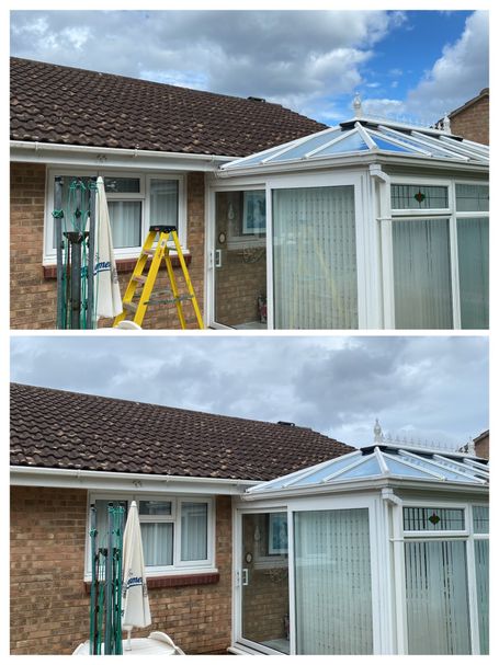 comparing before and after clean on bungalow with conservatory