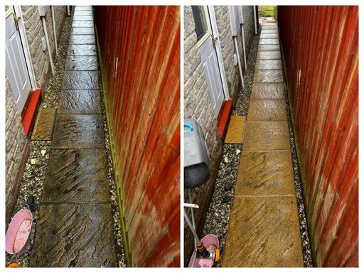 pathway between house and fence before and after cleaning