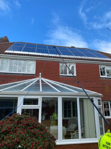 conservatory, back of house, solar panels, long pole