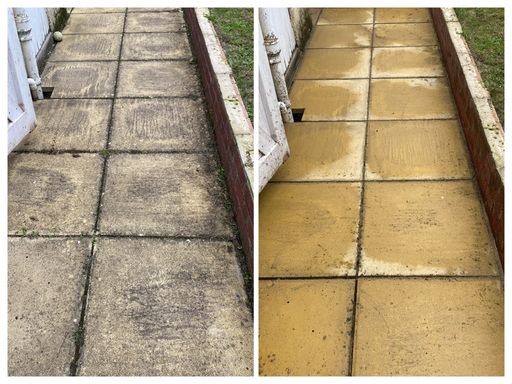 same path before and after pressure washing, one with black dirt and one golden slabs