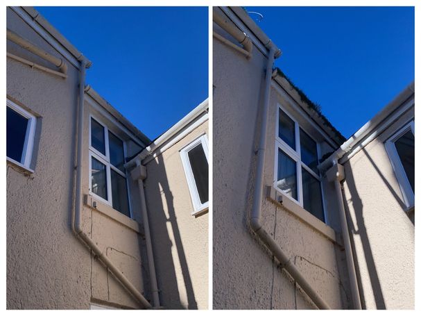 gutters, windows and side of house, comparison with and without weeds