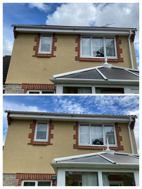 comparing before and after clean on back of house with conservatory