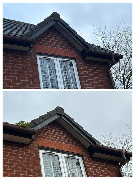 gutter by roof apex with and without weed