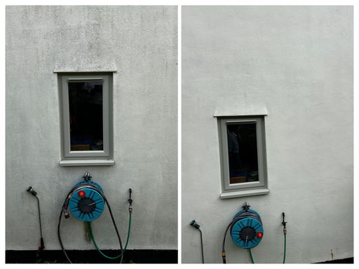 wall with window and hose pipe reel before and after cleaning