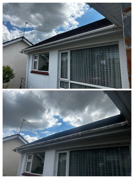 front of bungalow comparing gutter before and after cleaning