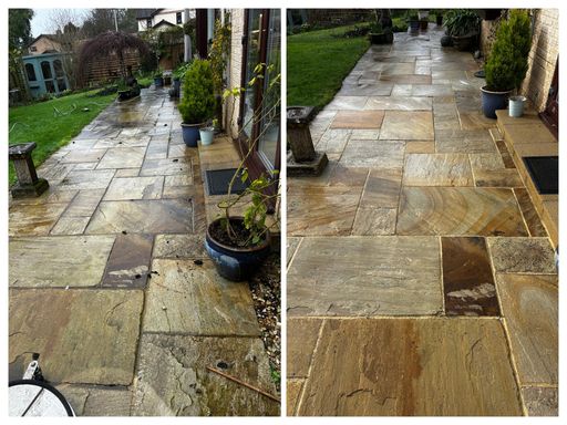 comparison of patio before and after cleaning