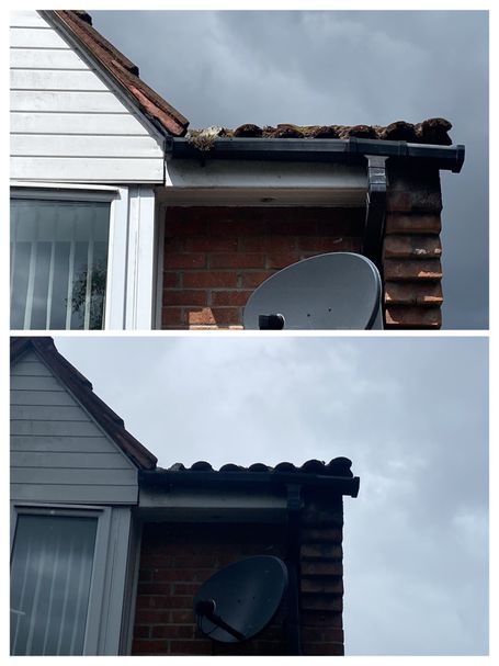 gutter on front of house with and without weed in corner