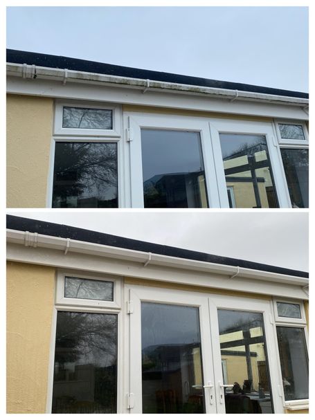 windows and gutter before and after cleaning