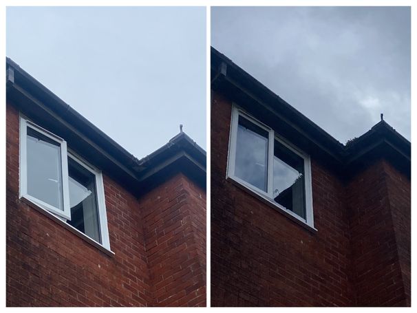 comparison between two gutters, one with weeds, one without, 