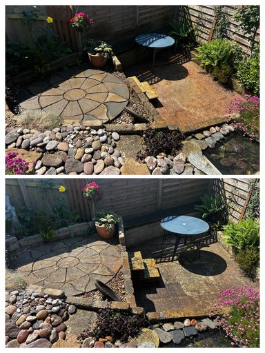 paved seating area before and after cleaning