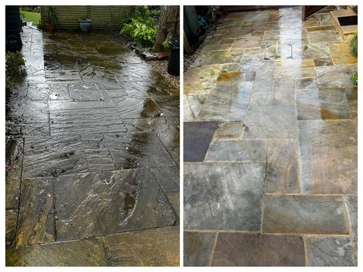 comparison of patio before and after cleaning