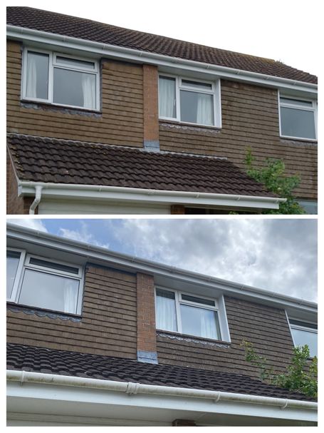 Comparison before and after gutter clearance and wash, one dirty with weeds in gutter, one without