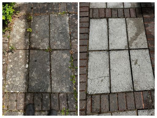 patio slabs and brickwork before and after cleaning